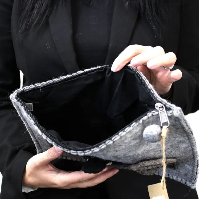 Gray felt tablet pouch with hand-stitched edge silver zipper pull and fuzzy pom-pom featuring finger puppets