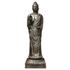 Silver toned antique gold standing buddha statue with detailed robes on a lotus base made from metallic material