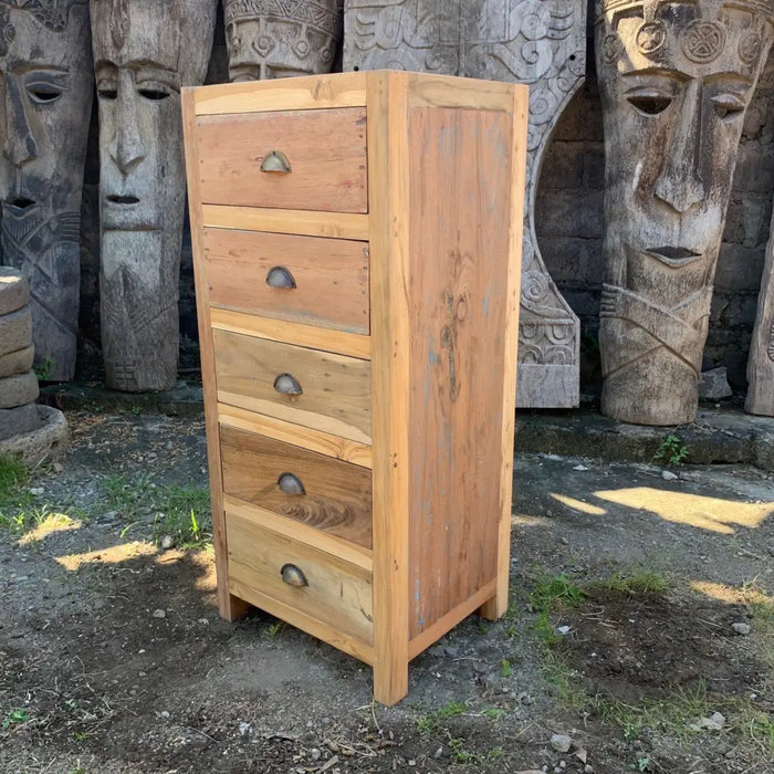 Tall five drawer storage unit made of recycled wood with natural grain finish and dark metal handles for home decor