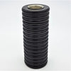 Tall ribbed wooden tealight holder in black with a cylindrical shape and metallic rim for candle use