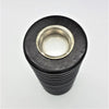 Black rubber-coated threaded bolt with silver head next to a tall ribbed wooden tealight holder
