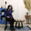 Rustic tamarind wood coffee table with natural edge black metal legs and turquoise resin inlay titled tamarind and resin coffee table aqua