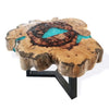 Rustic tamarind wood coffee table with a natural slab top and turquoise resin design on black metal legs