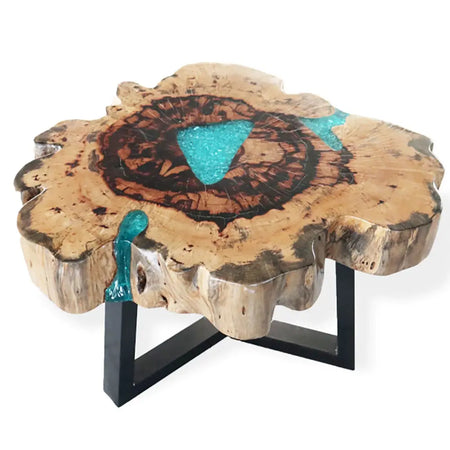 Rustic tamarind wood coffee table with natural slab top, turquoise resin, black center rings, and black metal legs