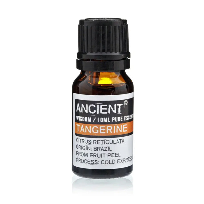 A small amber glass bottle with black cap and white label of ancient wisdom tangerine essential oil 10ml