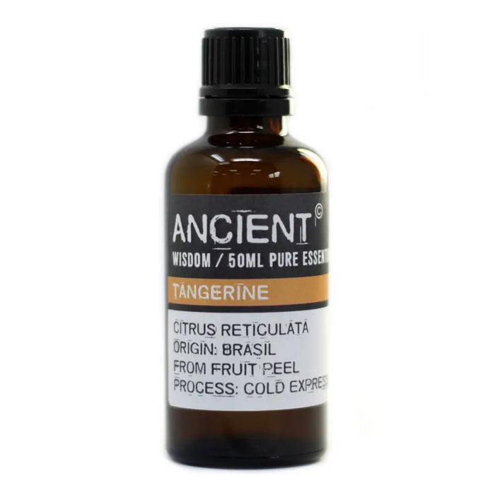 A dark amber glass bottle with black cap labeled ancient wisdom tangerine essential oil 50ml with allergen declarations