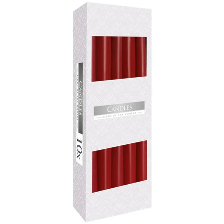 A pack of ten deep red tapered candles made from paraffin wax in a white textured box with clear windows