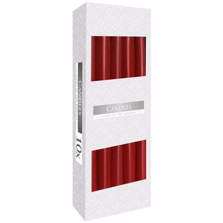 A pack of ten deep red tapered candles made from paraffin wax in a white textured box with clear windows
