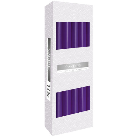 A sleek white box with ten vibrant purple tapered candles made of paraffin wax from candles light of the moment