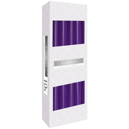 A sleek white box with ten vibrant purple tapered candles made of paraffin wax from candles light of the moment