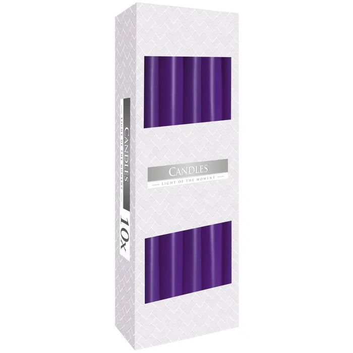 A sleek white box with ten vibrant purple tapered candles made of paraffin wax from candles light of the moment