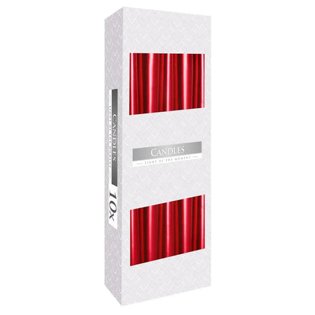A box of ten metallic red tapered candles made of paraffin wax in a white box with a herringbone pattern