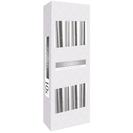 A sleek metallic silver tapered candle made of paraffin wax in a modern white box with herringbone pattern
