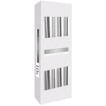 A sleek metallic silver tapered candle made of paraffin wax in a modern white box with herringbone pattern