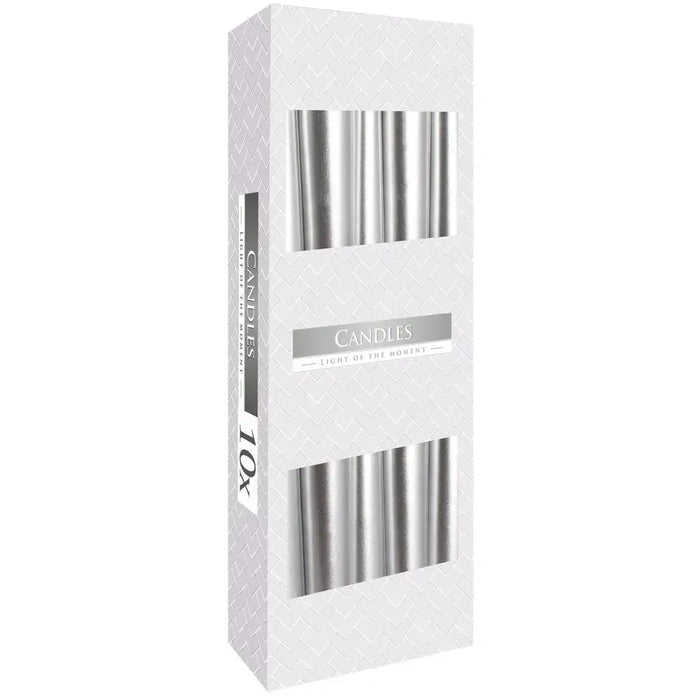 A sleek metallic silver tapered candle made of paraffin wax in a modern white box with herringbone pattern