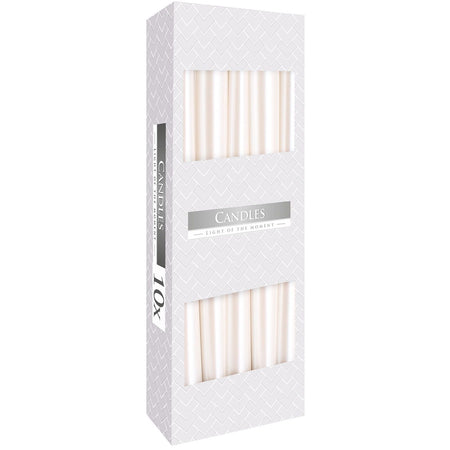 A sleek white box of ten ivory tapered candles made from paraffin wax with subtle geometric pattern packaging