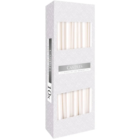 A sleek white box of ten ivory tapered candles made from paraffin wax with subtle geometric pattern packaging