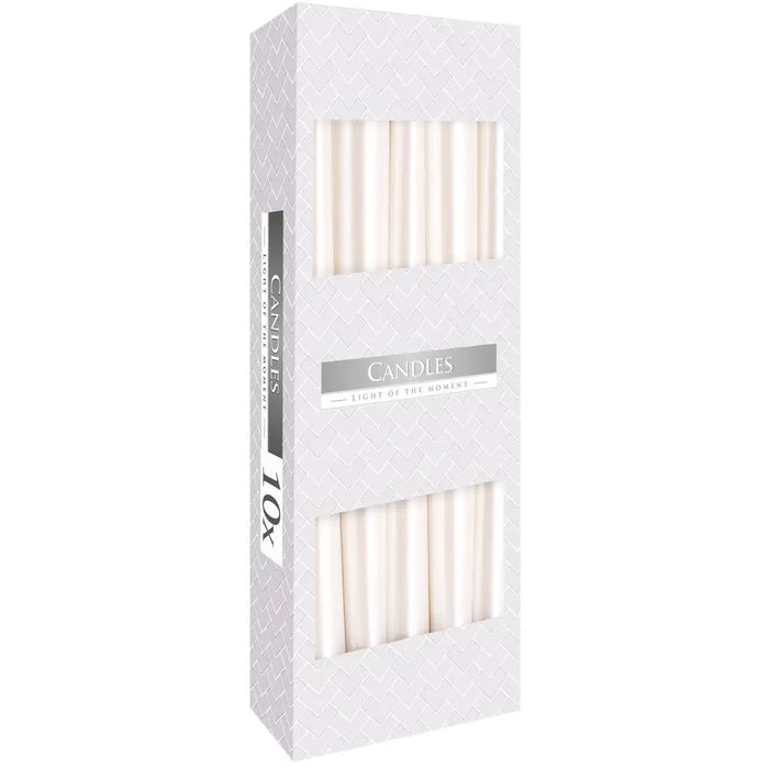 A sleek white box of ten ivory tapered candles made from paraffin wax with subtle geometric pattern packaging