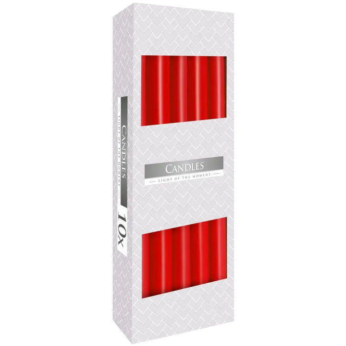 A set of ten red paraffin wax tapered candles neatly arranged in a white box with a subtle herringbone pattern