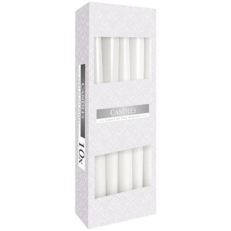 Tapered white paraffin wax candles packed in a patterned box labeled candles light of the moment pack of 10