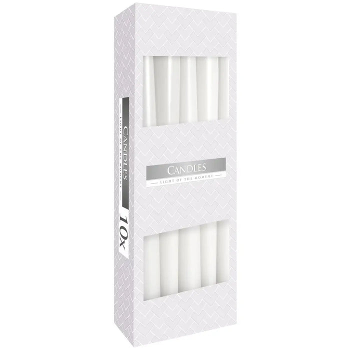Tapered white paraffin wax candles packed in a patterned box labeled candles light of the moment pack of 10