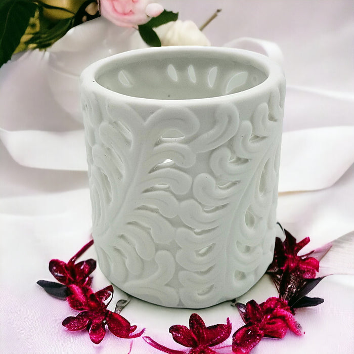 White Porcelain Tealight Holder - Fern Design