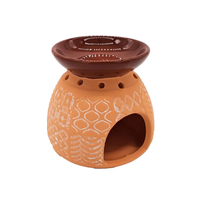 Terracotta kasbah oil burner wax melt warmer with glossy brown top and white geometric ceramic design