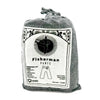 Gray cotton drawstring bag with white label showing black line art and text for fisherman pants by ancient wisdom