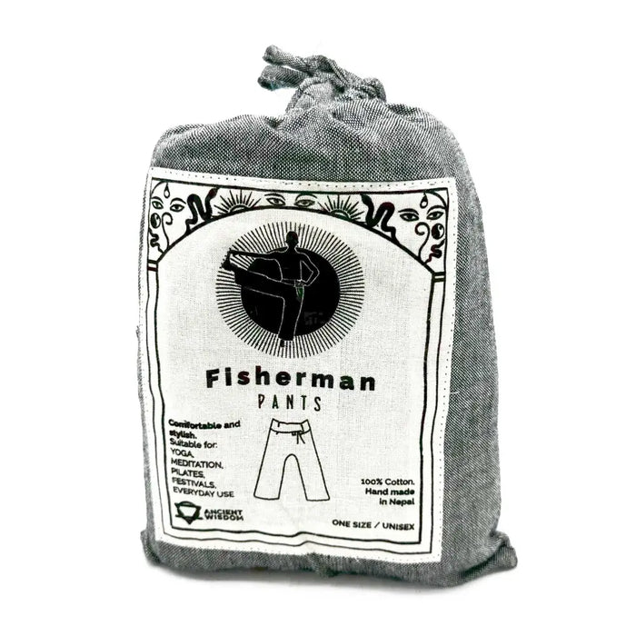 Gray cotton drawstring bag with white label showing black line art and text for fisherman pants by ancient wisdom