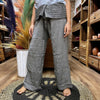 Gray cotton thai fisherman pants with relaxed wide-leg fit and subtle textured stitching called mandala mantra