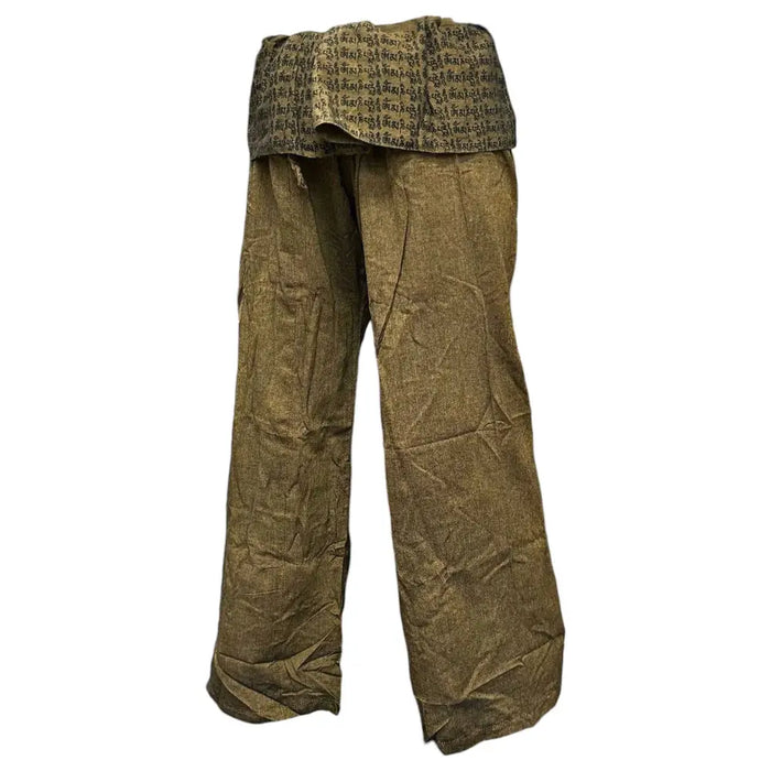 Olive green cotton thai fisherman pants with wide legs and a patterned wrap-around mandala mantra waistband in orange