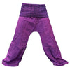 Purple cotton Thai fisherman pants with a patterned waistband and loose flowing legs in a mandala mantra style
