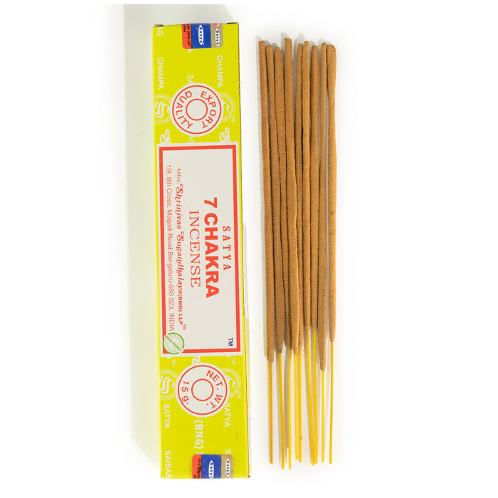 The Window, Milford Haven 7 Chakra incense sticks in yellow packaging with hand-rolled bamboo sticks