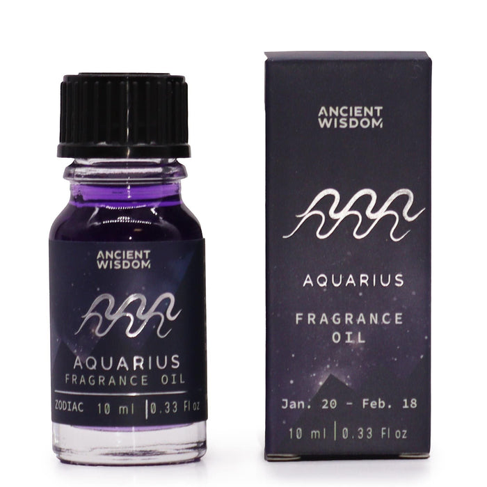 The Window, Milford Haven Aquarius zodiac fragrance oil in a purple bottle with matching box featuring star motifs.