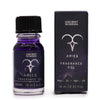 The Window, Milford Haven Aries zodiac fragrance oil in a purple bottle with bio glitter next to its matching box.