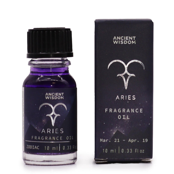 The Window, Milford Haven Aries zodiac fragrance oil in a purple bottle with bio glitter next to its matching box.