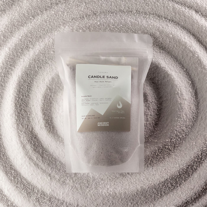The Window, Milford Haven Azure Noir warm grey fragranced candle sand in a 300g pouch with four cotton wicks.