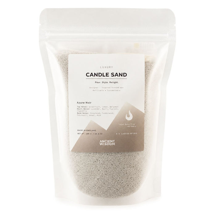 The Window, Milford Haven Azure Noir warm grey fragranced candle sand in a 300g refillable pouch with cotton wicks.