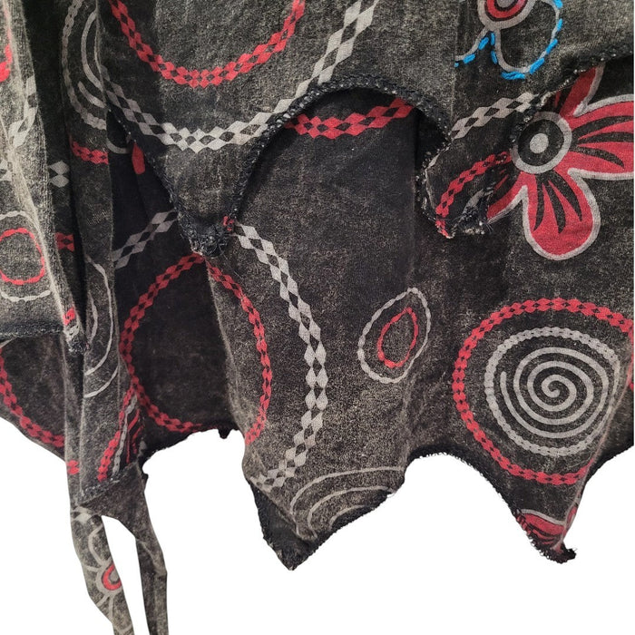 The Window, Milford Haven black cotton hooded top with red and white circle print and layered pixie style hem