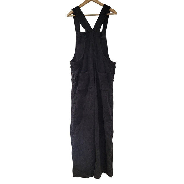 The Window, Milford Haven black jumbo cord dungarees featuring rear patch pockets and adjustable straps.