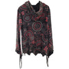 The Window, Milford Haven black cotton hooded top with red circle and flower print, pixie hem, and flared sleeves.