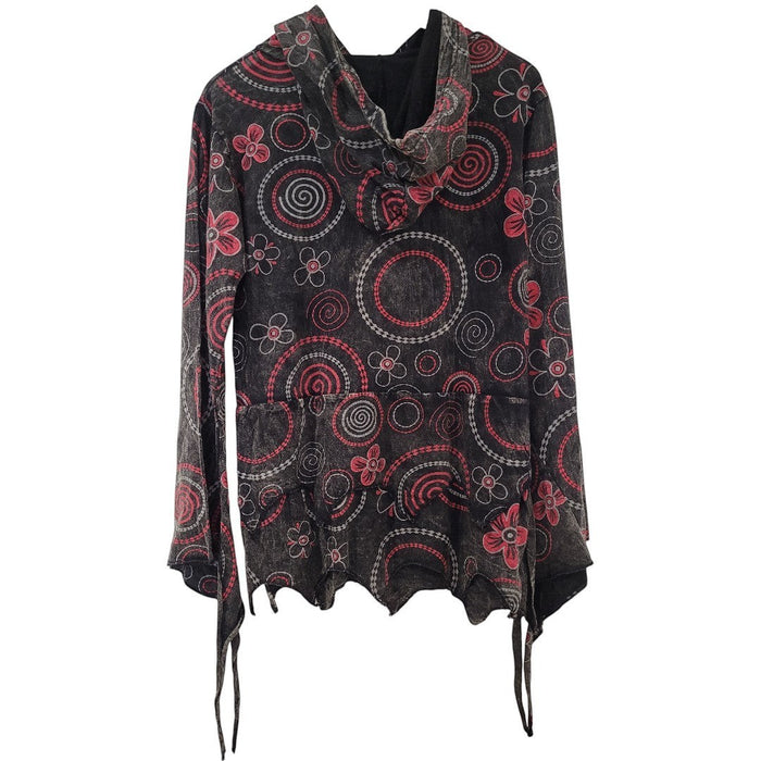 The Window, Milford Haven black cotton hooded top with red circle and flower print, pixie hem, and flared sleeves.