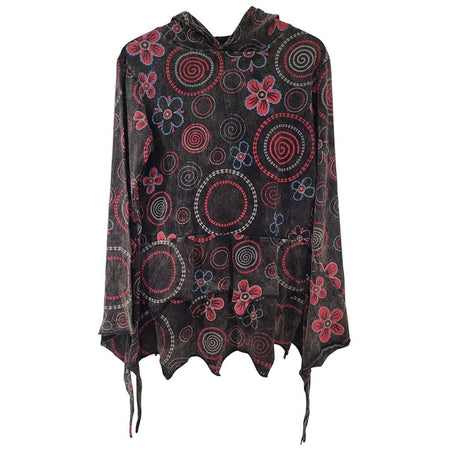 The Window, Milford Haven black cotton hooded top with red and blue circle and floral print and pixie layered hem