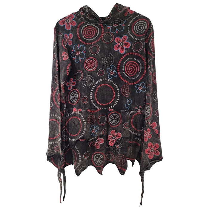 The Window, Milford Haven black cotton hooded top with red and blue circle and floral print and pixie layered hem