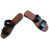 The Window, Milford Haven handmade black leather double strap sandals with a comfortable flat organic sole.