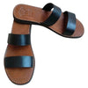 The Window, Milford Haven handmade black leather double strap sandals with a tan footbed and flat organic sole.