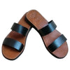 The Window, Milford Haven handmade black leather double strap sandals with a tan footbed and flat organic sole.
