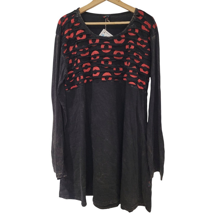 The Window, Milford Haven GRINGO FAIRTRADE black cotton tunic dress with red circle print and raw seam detailing.