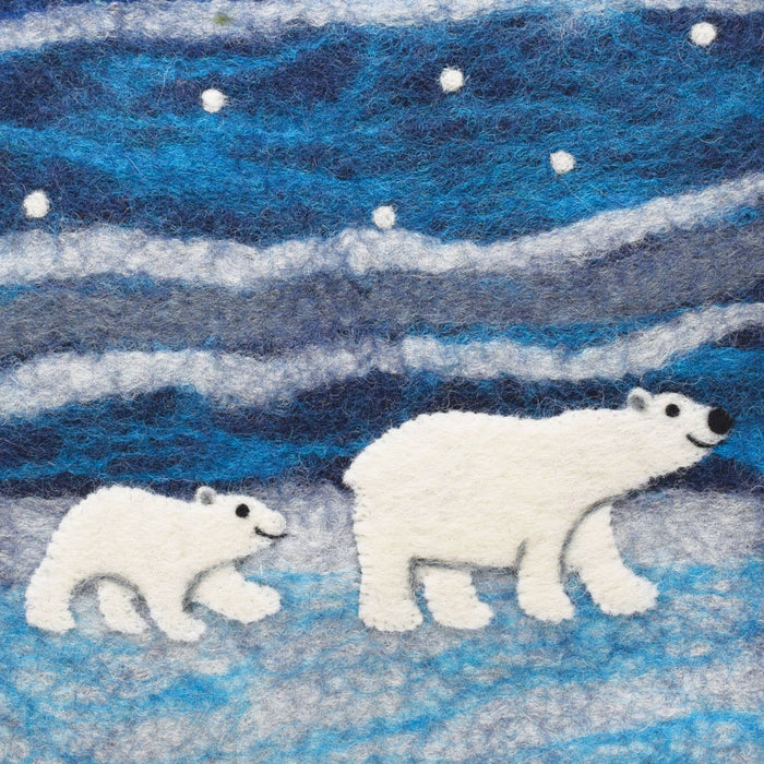 The Window, Milford Haven wool felt hot water bottle cover featuring a hand-stitched white polar bear and cub design.