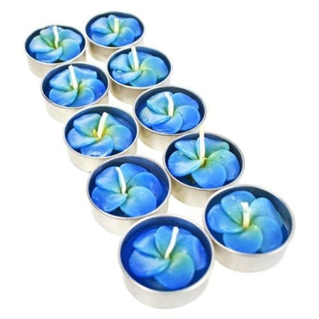 The Window, Milford Haven blue frangipani flower scented tealight candles, hand-painted set of 10 from Thailand.